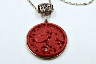 Vintage Chinese Carved Cinnabar Sterling Silver Pendant Necklace