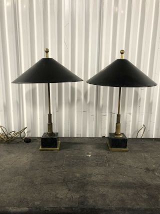 2 Vintage Chapman Table Lamps Brass Modernist Postmodern Marble Base Pair