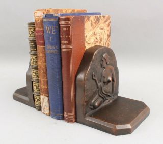 Large Heavy Antique Solid Bronze Nude Woman Howard Foundry Bookends NR 6