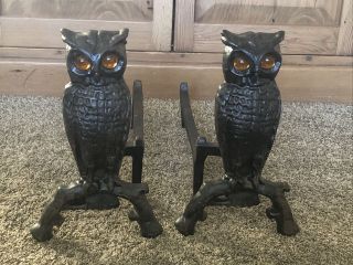 Vintage Cast Iron Owl Andirons With Amber Glass Eyes