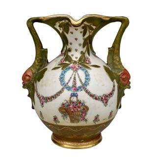 Antique Art Nouveau Amphora Teplitz Porcelain Vase W/ Fish Handles