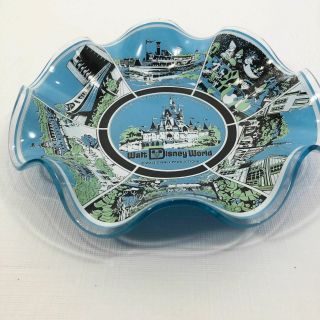 Vintage Disney World Glass Dish Ash Tray Fluted Blue 7.  5 " Monorail Small World