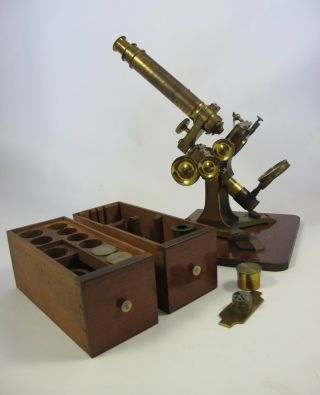Large Cased Antique Brass Monocular Microscope By Knight & Co.  London.