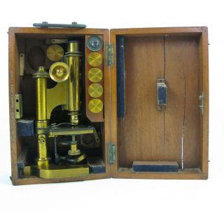 Cased Continental Style Antique Brass Monocular Microscope By R & J Beck.