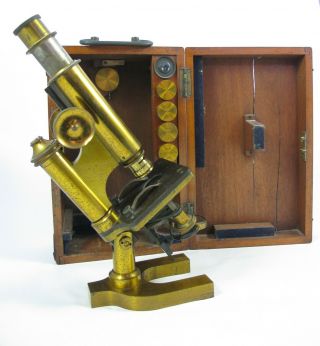 Cased Continental style Antique Brass Monocular Microscope by R & J Beck. 2