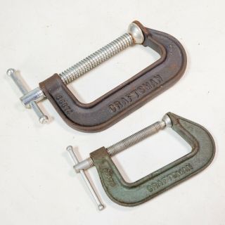 Vintage Pair Craftsman C - Clamp 4” 3 " 66674 66673 Malleable Usa.  Heavy Duty