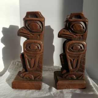 Vintage Set 2 Totem Pole Thunderbird Resin Made By Kiana Of Alaska Signed 7 "