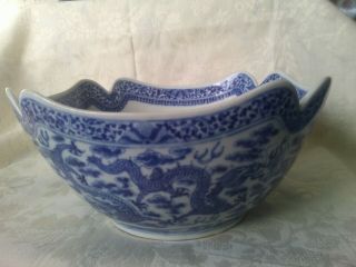 Old Canton Chinese Export Blue/white Porcelain Scalloped Bowl Dragon 19th C