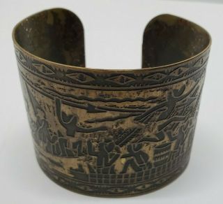 Antique Vtg Etched Bronze Brass Lg Cuff Bracelet Tribal Ethnic Egyptian African