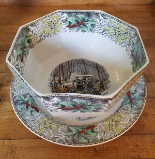 Antique Currier England Winter Scenes Dinner Plate & Large Bowl