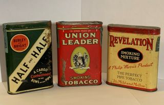 6 Pocket tobacco tins,  Pr Al,  Tux,  Rev,  Half/Half,  Un Leader,  US Inter Rev Stamp 2