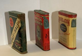 6 Pocket tobacco tins,  Pr Al,  Tux,  Rev,  Half/Half,  Un Leader,  US Inter Rev Stamp 3