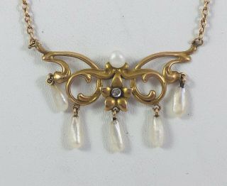 Antique 14k Yellow Gold Diamond Natural Teardrop Pearl Dangling Necklace