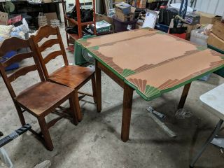 Antique Vintage Enamel Top Kitchen Table Green Brown Art Deco Pattern 2 Chairs