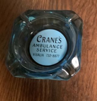 Vintage Crane’s Ambulance Blue Glass Advertising Ashtray Visalia California