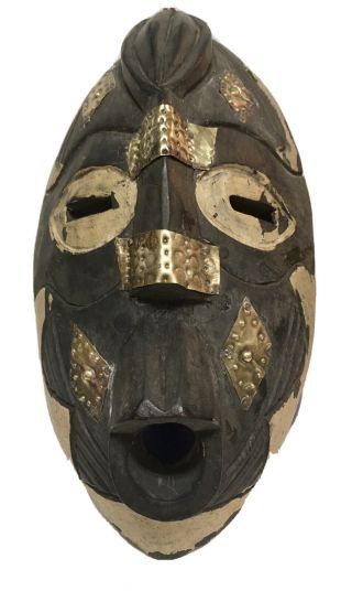 Authentic Vintage Hand Made Wood Tribal Mask With Inlaid Brass From Ghana