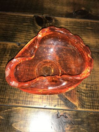 Vintage Art Glass Dark Orange Red Controlled Bubble Modern Ashtray Blown Bowl