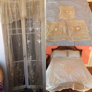 Antique French Boudoir Set Tambour Embroidered Lace Bedspread Curtains Doilies