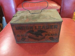 Antique Union Leader Plug Tobacco Tin Litho Lunch Pail Box Can Patriotic Eagle