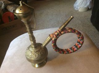 Vintage Brass Water Smoking Pipe With Chained Lid Signed Diamond - 8”