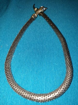 Vintage 1970 ' s Retro snake necklace choker,  white metal,  white glass eyes. 3