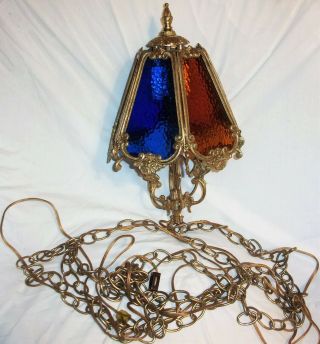 Vintage Blue Yellow Stained Glass Brass Hanging Ceiling Light Shade Lamp Gilbert