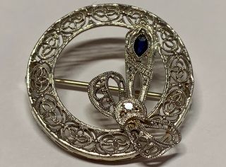 Antique Art Deco 14k White Gold Diamond Sapphire Filigree Circle Pin / Brooch
