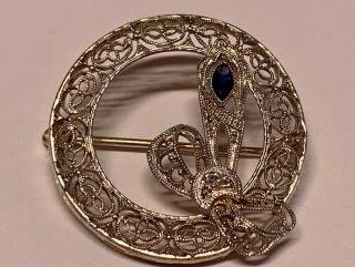 Antique Art Deco 14K White Gold Diamond Sapphire Filigree Circle Pin / Brooch 2