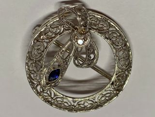 Antique Art Deco 14K White Gold Diamond Sapphire Filigree Circle Pin / Brooch 3