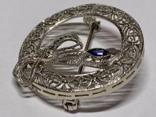 Antique Art Deco 14K White Gold Diamond Sapphire Filigree Circle Pin / Brooch 4
