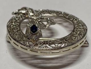 Antique Art Deco 14K White Gold Diamond Sapphire Filigree Circle Pin / Brooch 5