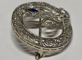Antique Art Deco 14K White Gold Diamond Sapphire Filigree Circle Pin / Brooch 6