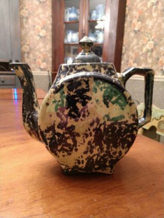 Antique Blue & Off White Spatter Teapot Stoneware Salt Glaze Yellow Ware Sponge