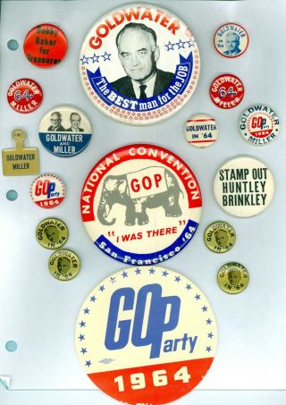 15 Vtg.  1964 Presidential Campaign Pinback Buttons,  Sticker & Tab Barry Goldwater