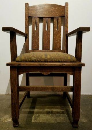 Antique Arts And Crafts Arm Chair Solid Quarter Sawn Tiger Oak Mission Art Deco