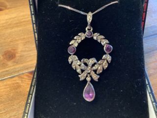 Antique Edwardian Amethyst And Diamond Pendant With 18ct Gold Chain