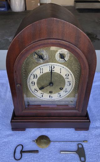 1926 Antique German Gustav Becker Mantel Clock Walnut Westminster Chimes