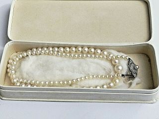 Vintage Cultured Pearl Necklace In Case,  Cubic Diamond Clasp.  18 "
