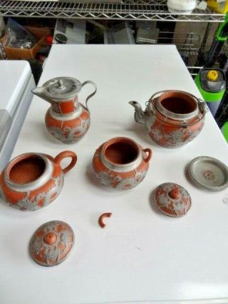 Antique Republic Yixing Chinese Pewter Dragon Red Clay Teapot Set - Wen Hua Shun?