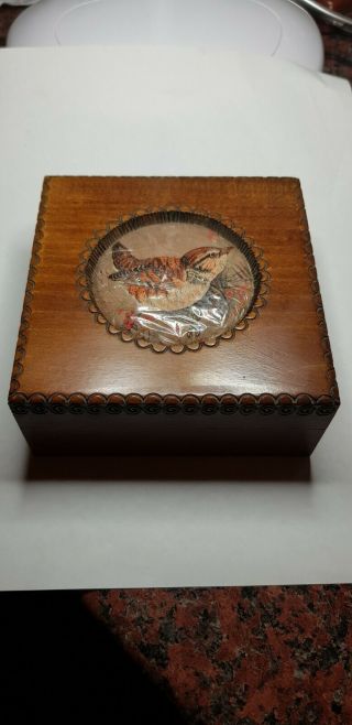 Vintage Wooden J & J Cash Hand Made Treen Box With Embroidered Silk Bird Design