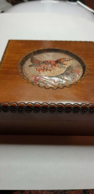 Vintage Wooden J & J Cash Hand Made Treen Box With Embroidered Silk Bird Design 2
