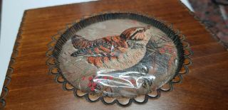 Vintage Wooden J & J Cash Hand Made Treen Box With Embroidered Silk Bird Design 3