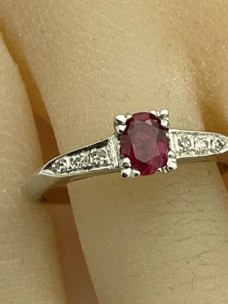 Antique Solid Platinum Burmese Ruby & Diamond Ring Sz 8 Weight Is 4.  2grs