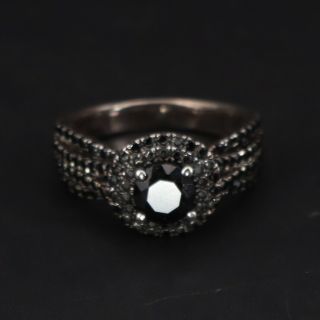 VTG Sterling Silver - SIGNED Round - Cut Black CZ Halo Cocktail Ring Size 6 - 4g 2