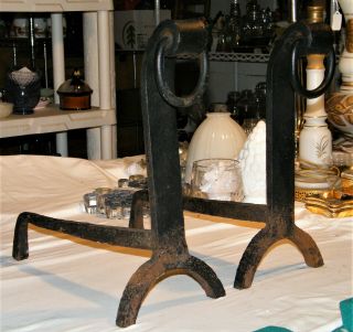 Vintage Antique Arts & Crafts Fireplace Andirons Hand Wrought Iron W/ Ring