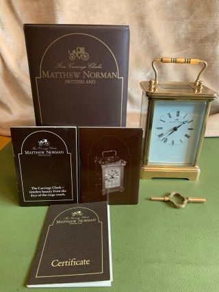 Large Matthew Norman Brass Swiss Chiming Carriage Clock Boxed With Display Dome