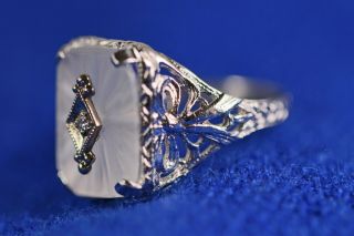 Antique Art Deco 1920’s 18k White Gold Camphor Glass & Diamond Filigree Ring