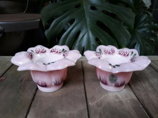 2 Vintage Fenton Art Glass Hand Painted & Signed Flower Petals Candle Holders