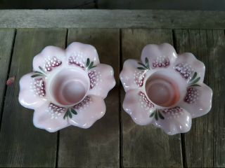 2 Vintage FENTON ART GLASS Hand Painted & Signed FLOWER PETALS Candle Holders 2