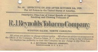 1929 R.  J.  Reynolds Tobacco Co.  Winston Salem,  Nc.  Price List